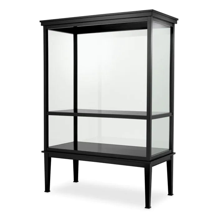 Cabinet Gallery black finish, shown in black with wood veneer, glass, and enclosed glass display case.