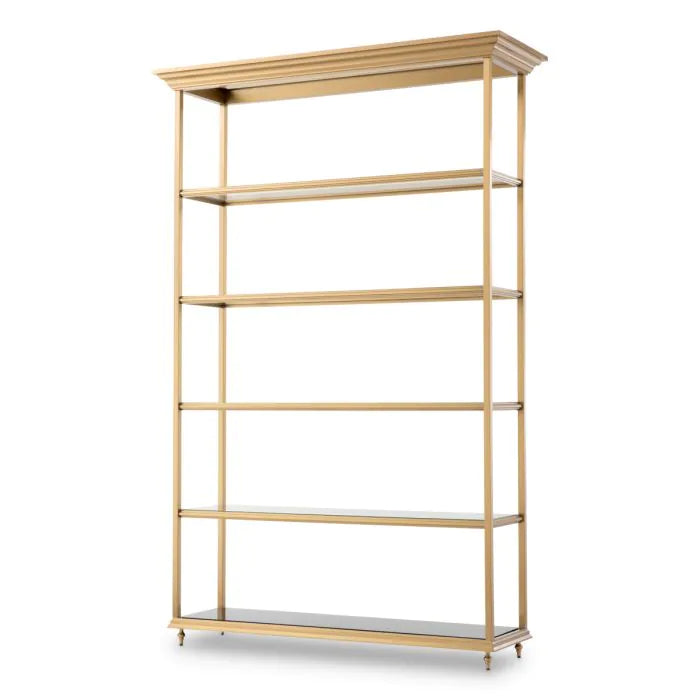 Cabinet Watson brushed brass finish, shown in gold and brass with metal, glass, and open shelving.