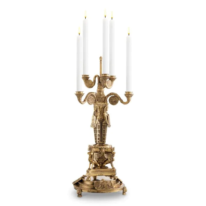 Candle Holder Decaix vintage brass finish, shown in antique gold and brass with brass, metal, and five candle cups.
