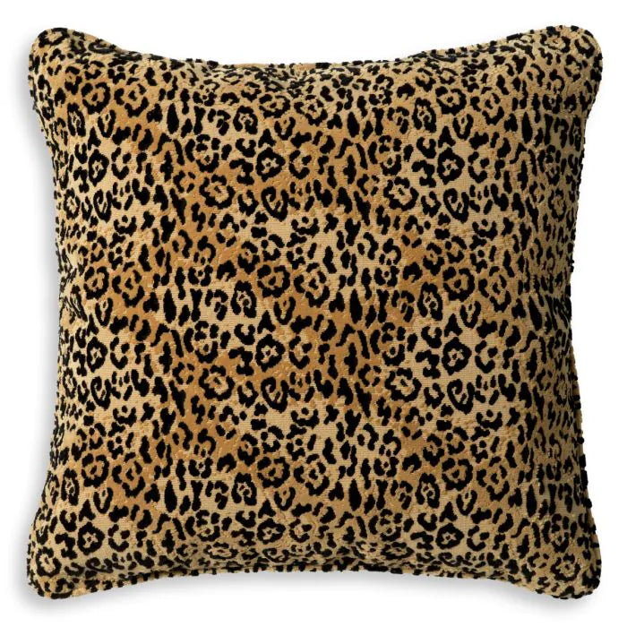 Cushion Diana leopard, shown in tan and black with velvet, textile, and piped knife-edge seams.