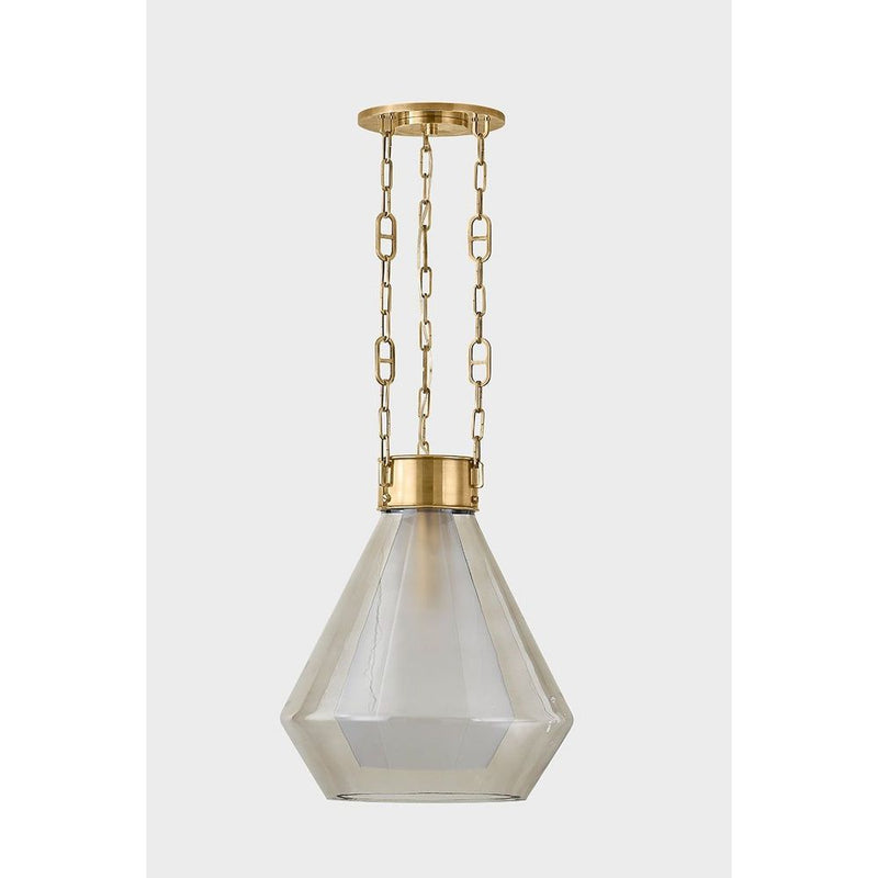 Alternate view of Tragus Pendant, featuring brass metal, glass, and a ceiling canopy mount.