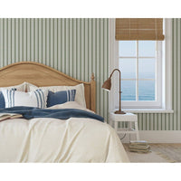 Additional view of Tennessee Bamboo Stripes Wallpaper in sage green and soft blue-gray.