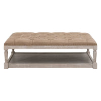Townsend Tufted Upholstered Rectangle Coffee Table, shown in beige and light gray with upholstery fabric and wood.