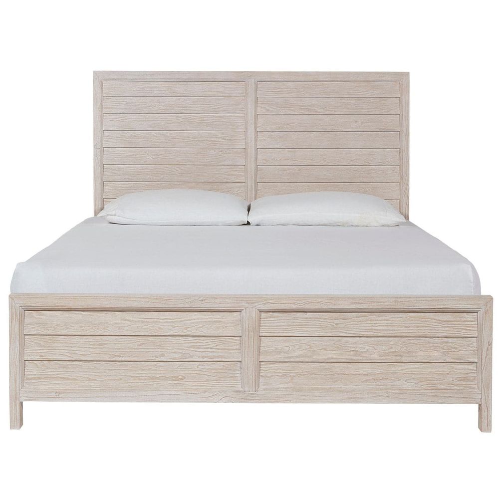 Getaway Panel Bed, shown in light gray and beige with wood, veneer, and paneled headboard.