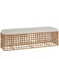 Getaway Rattan Bench, shown in natural tan rattan and off-white with rattan, fabric, and upholstered seat cushion.