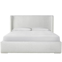 Restore Bed Cal King, shown in ivory and off-white with bouclé upholstery, fabric, and a fully upholstered platform base.