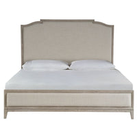 Coalesce Panel Bed, shown in light beige and warm light wood with wood, upholstery fabric, and panel headboard.