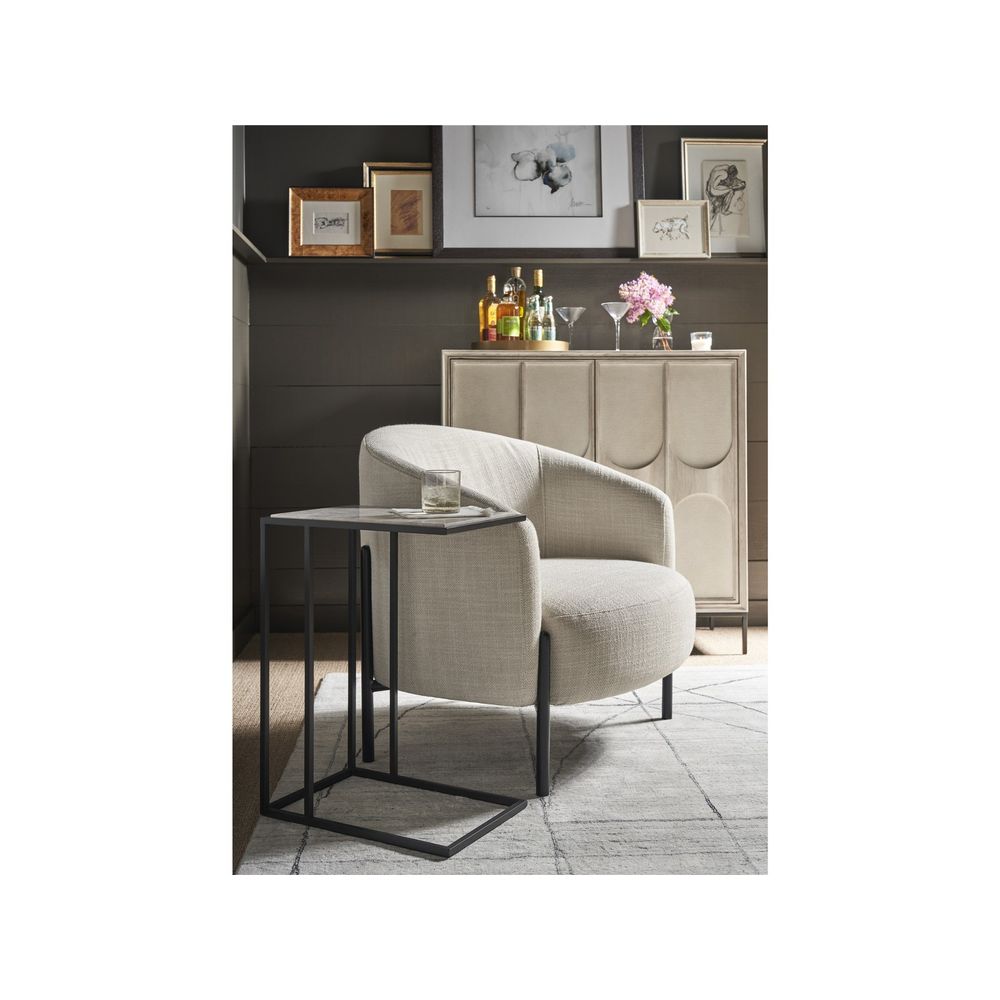 Alternate view of Boer Accent Table, featuring metal, stone, and c-shaped open base for sliding under seating.