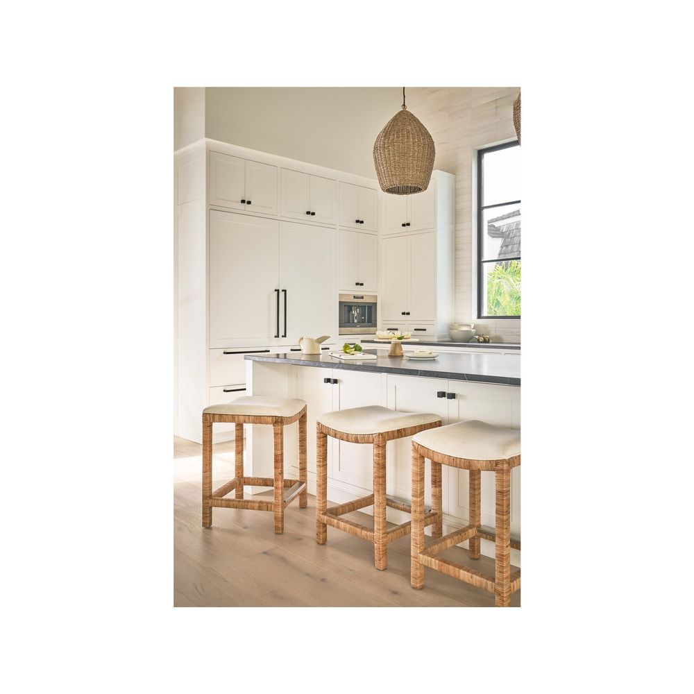 Alternate view of Sandbar Console Stool, featuring upholstered, rattan, fabric, and backless.