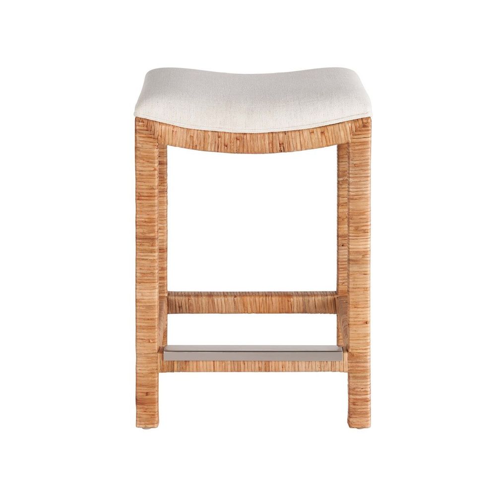 Sandbar Console Stool, shown in natural rattan tan and ivory with rattan, fabric, and backless.