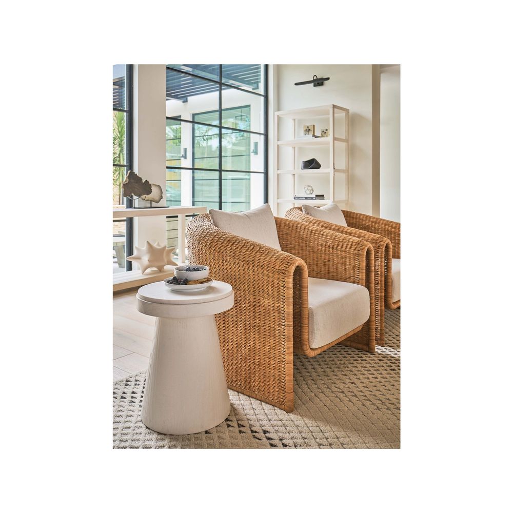 Alternate view of Madeira Accent Table, featuring whitewashed, wood, and a solid conical pedestal base.