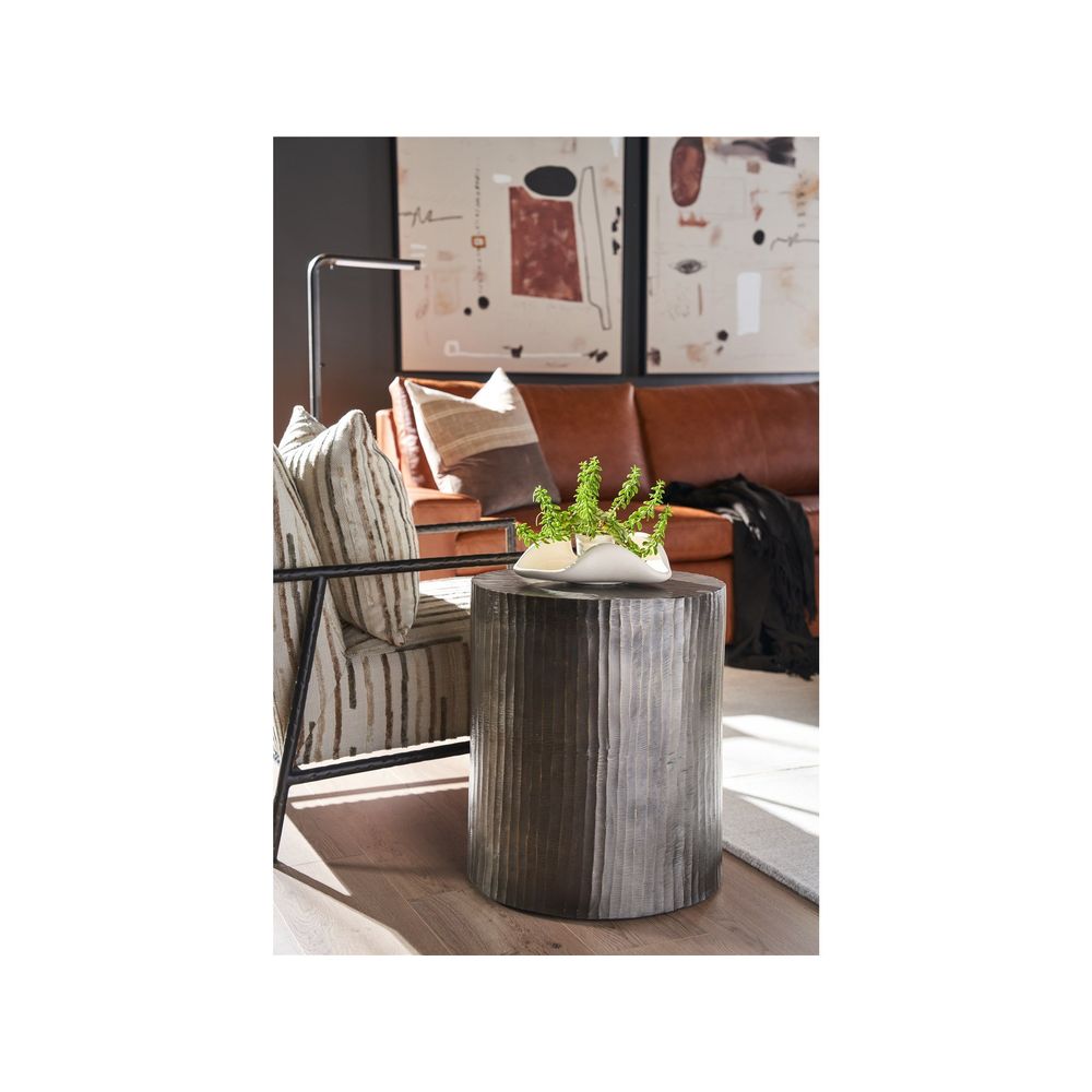 Alternate view of Asher Round End Table, featuring carved texture finish, wood, and solid cylindrical drum form.