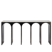 Moda Console Table, shown in dark bronze and white with metal, stone, and long narrow console profile.