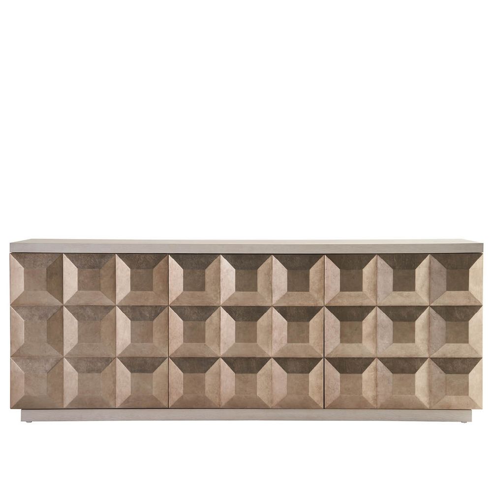 Dolce Credenza, shown in warm taupe and champagne beige with wood, wood veneer, and three-door cabinet storage.