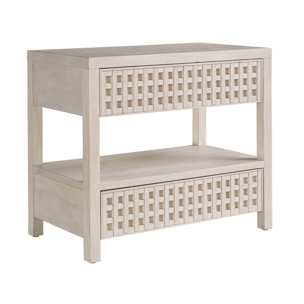 Additional view of River Rock Nightstand, featuring whitewashed, wood, and top drawer with geometric lattice front.