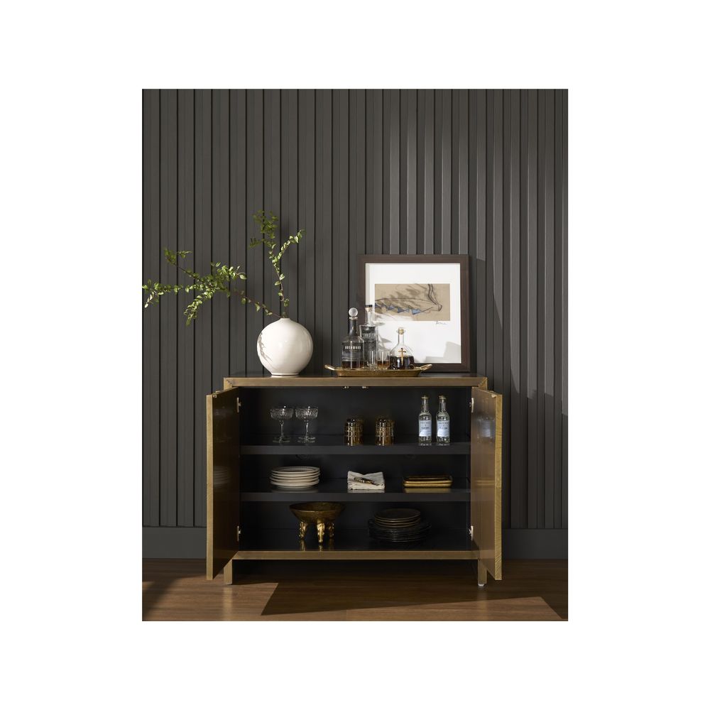 Additional view of Origami Hall Chest, featuring brushed finish, metal, wood, and double doors with enclosed storage.