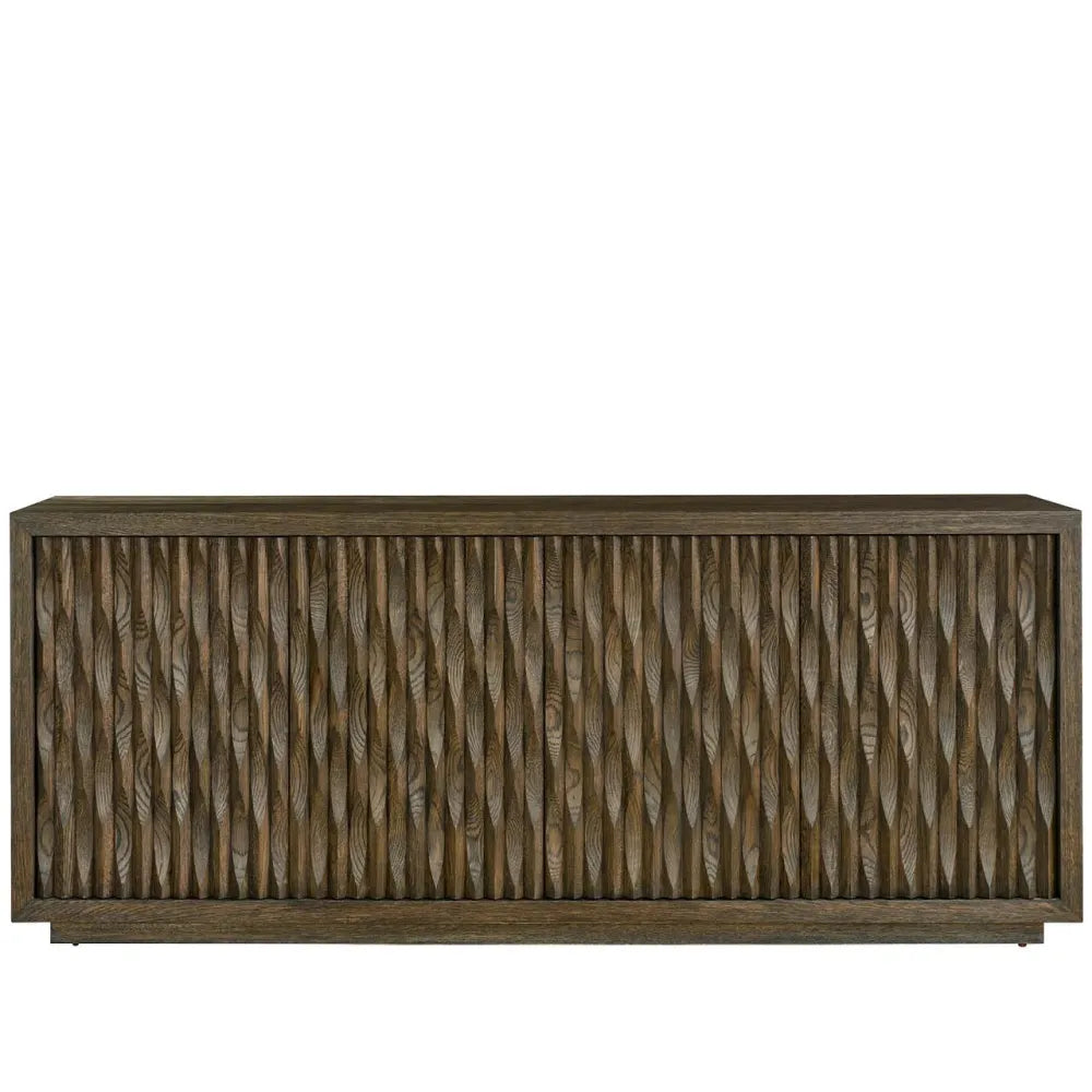 Sable Dune Credenza, shown in medium brown and dark brown with wood, wood veneer, and four hinged cabinet doors.