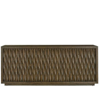 Sable Dune Credenza, shown in medium brown and dark brown with wood, wood veneer, and four hinged cabinet doors.