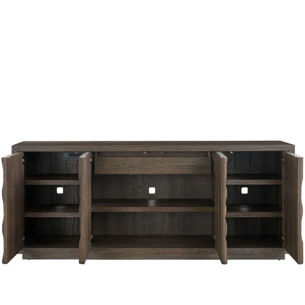 Alternate view of Sable Dune Credenza, featuring matte finish, wood, wood veneer, and four hinged cabinet doors.