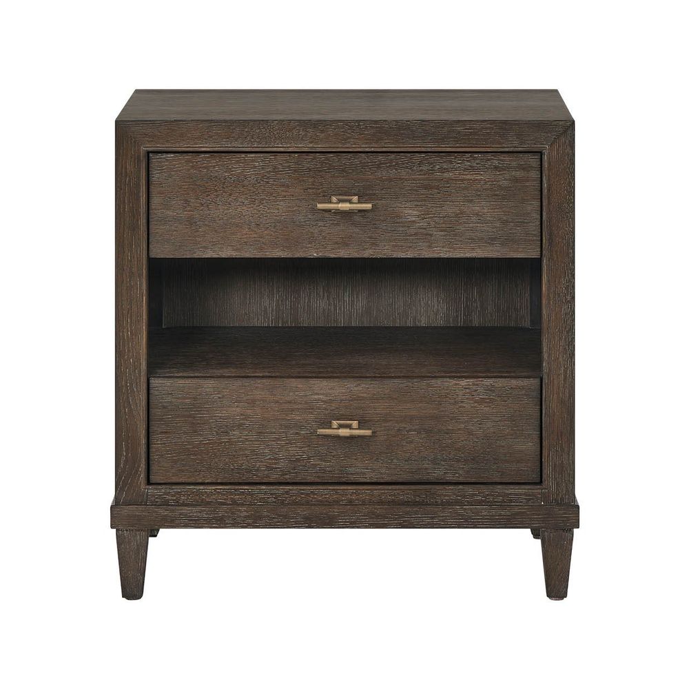 Cocoa Nightstand 2 drawers, shown in dark brown and espresso with wood, metal, and two drawers.