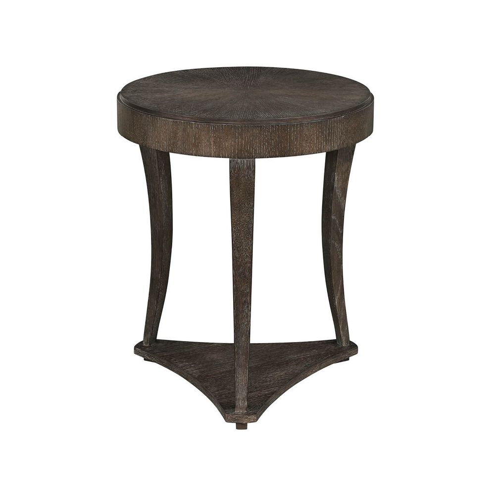 Cocoa Side Table, shown in dark brown and charcoal brown with wood and round tabletop.