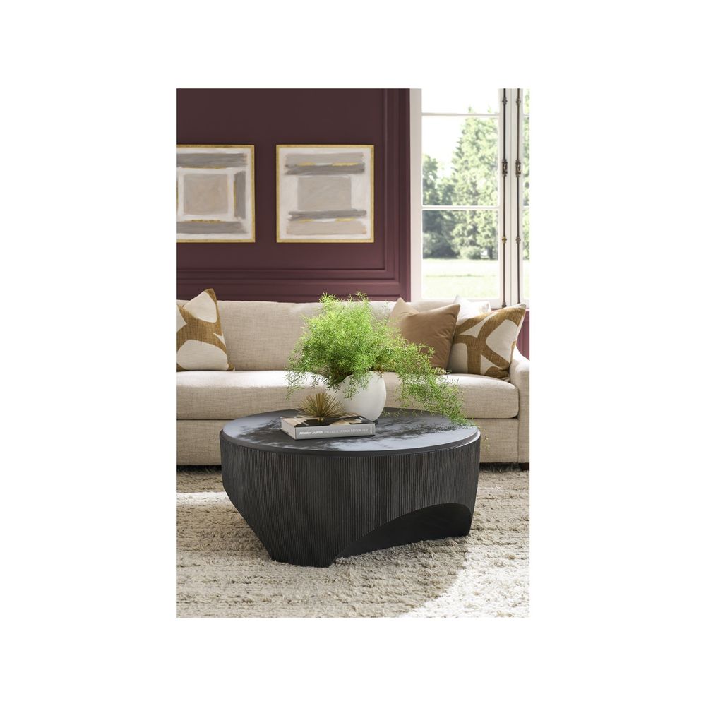 Alternate view of Cinder Cocktail Table, featuring matte finish, wood, and solid round tabletop.