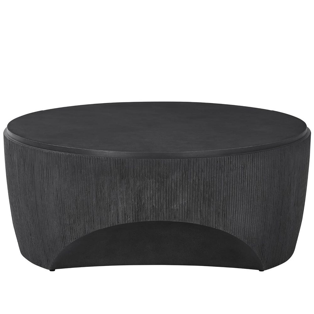 Cinder Cocktail Table, shown in charcoal and black with wood and solid round tabletop.