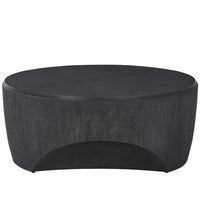Cinder Cocktail Table, shown in charcoal and black with wood and solid round tabletop.