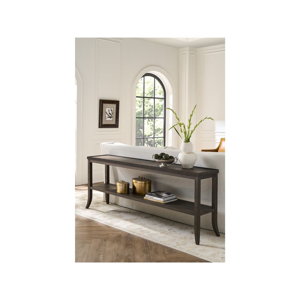 Additional view of Cocoa Console in dark brown and cocoa brown, featuring matte finish and open lower display shelf.