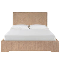 Abaca Woven Bed, shown in natural tan and beige with abaca, woven natural fiber, and a integrated platform base.