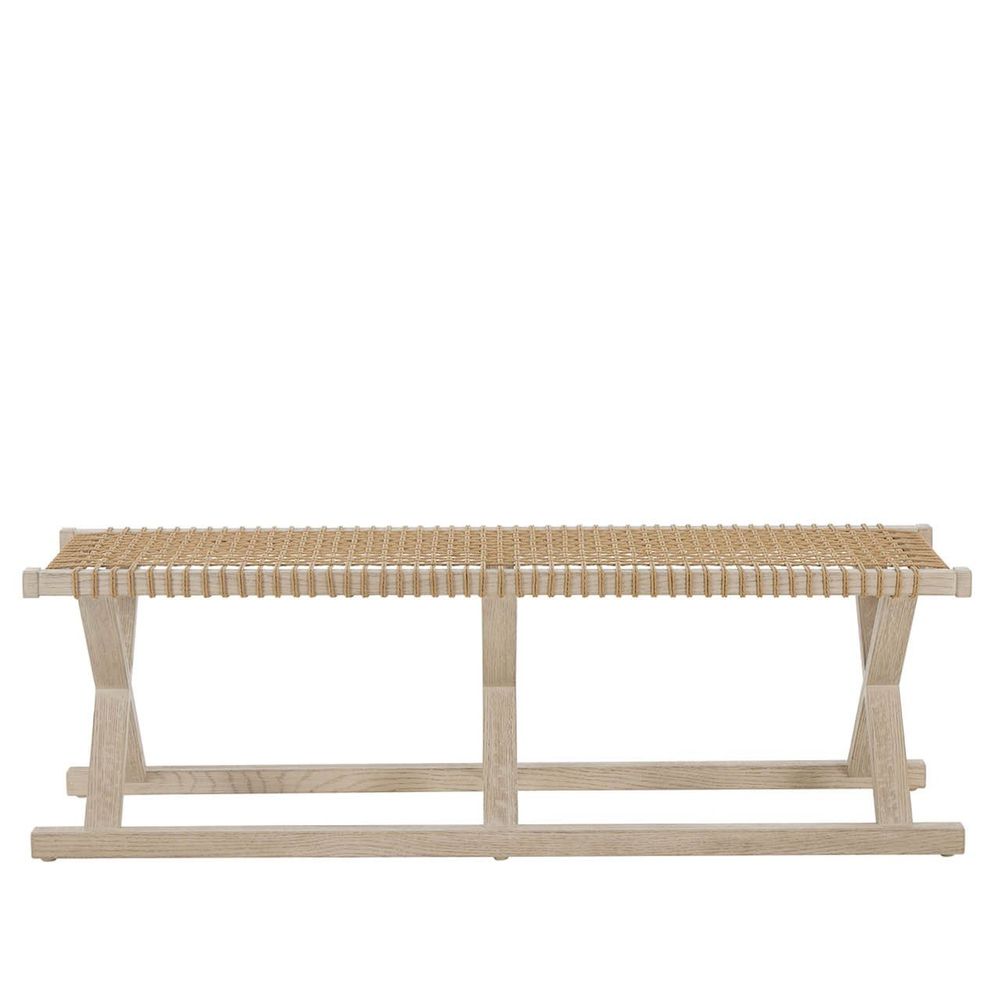 Additional view of Oasis Dockside Bench in light natural wood and natural tan rope, featuring a woven rope seat.