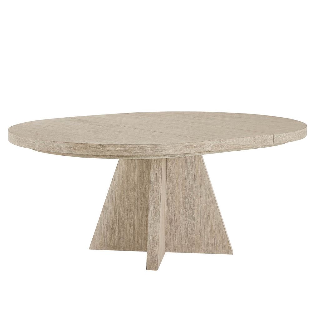 Additional view of Dockside Dining Table, featuring matte finish, wood, and round expandable top with center seam.