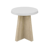 Dockside Accent Table, shown in white and light natural wood with stone composite, wood, and a freestanding pedestal base.