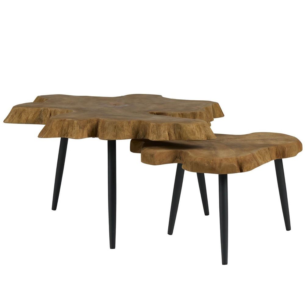 Driftwood Nesting Tables, shown in medium natural wood brown and black with solid wood, metal, and nesting two-table set.