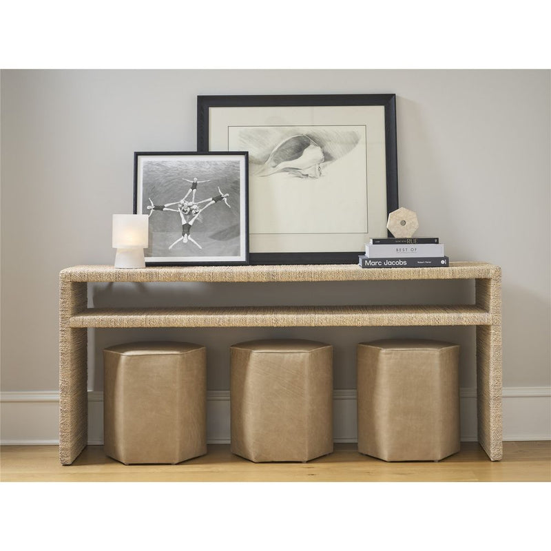 Alternate view of Abaca Console, featuring matte finish, abaca, woven natural fiber, and integrated lower shelf.