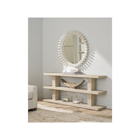 Alternate view of Dockside Console, featuring matte finish, wood, and three open display shelves.
