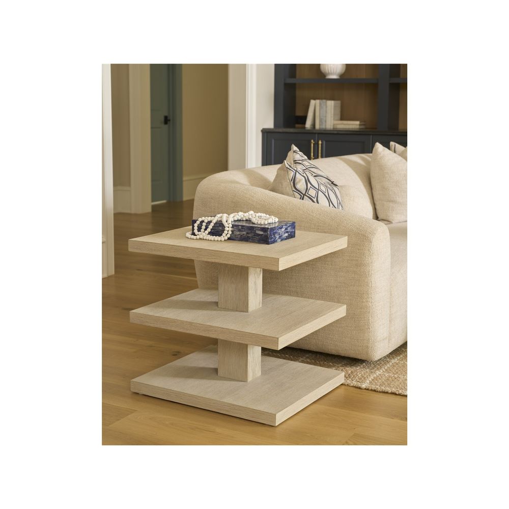 Additional view of Dockside End Table, featuring visible open grain, wood, and three open display/storage shelves.