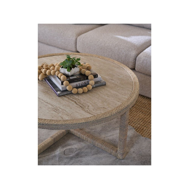 Alternate view of Abaca Cocktail Table, featuring textured finish, abaca rope, stone, and fixed round top.