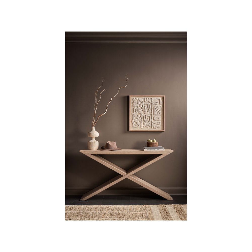 Alternate view of Boulder Cross Console, featuring matte finish, wood, solid wood, and a open crossed x-base.