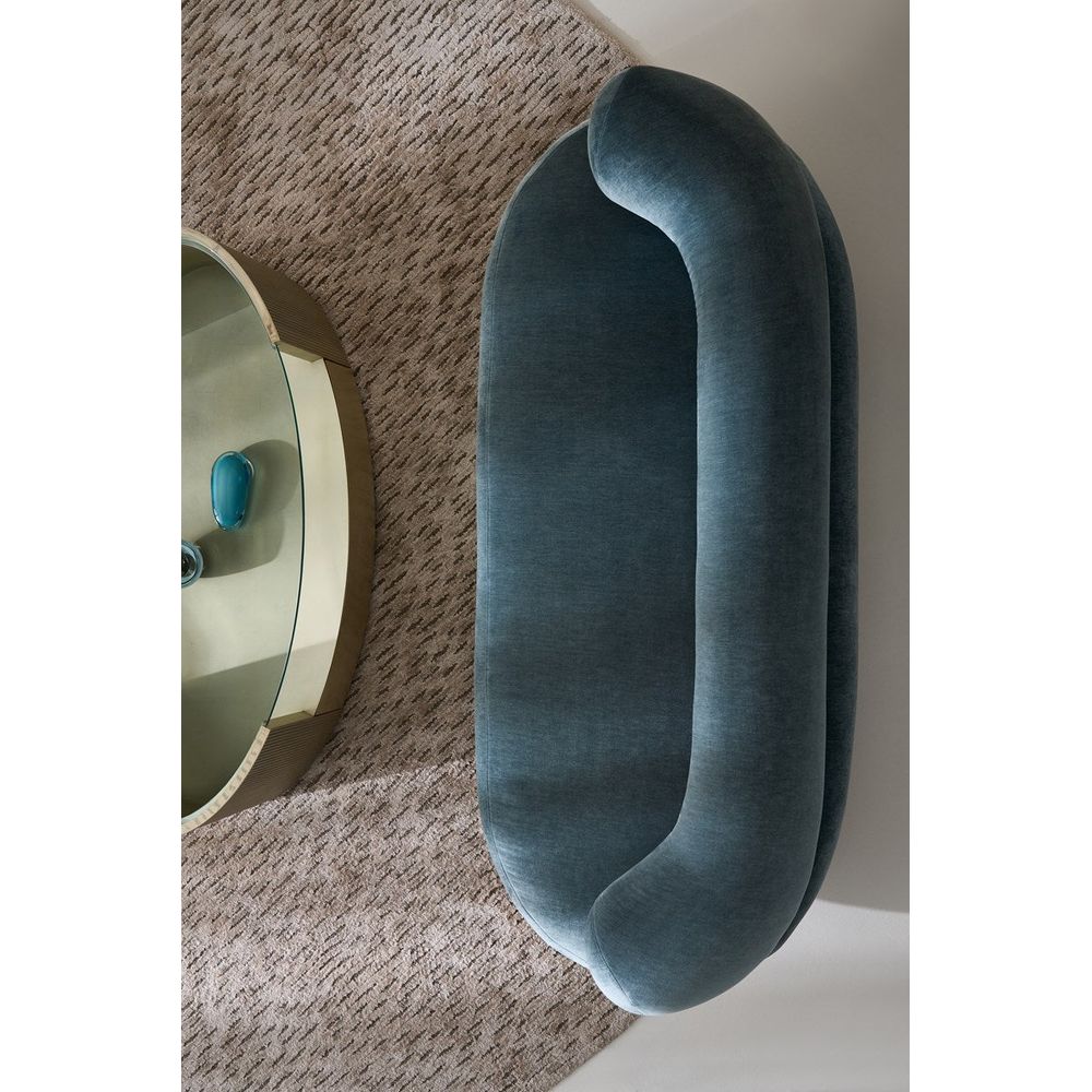 Additional view of Lark Sofa in dusty blue-gray teal and brushed champagne gold.