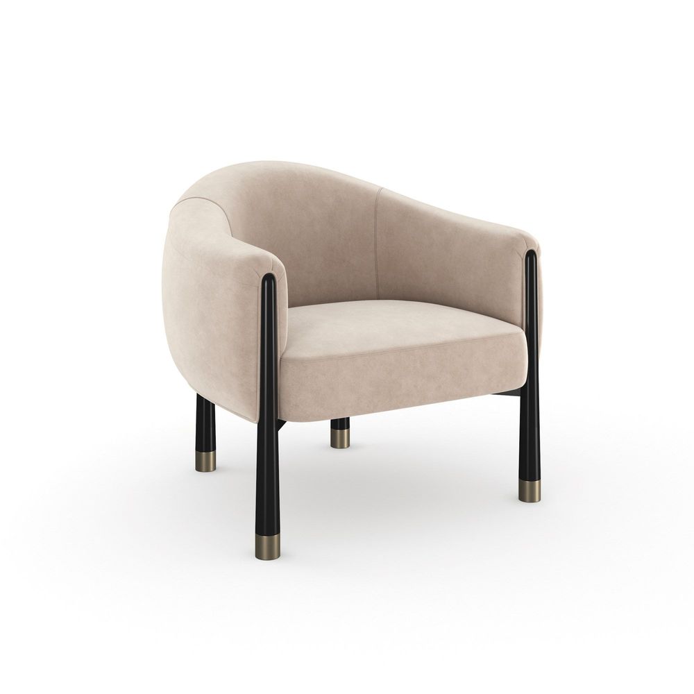 Additional view of Baltoro Accent Chair, featuring glossy black lacquer, fabric upholstery, metal, and fixed continuous arms.