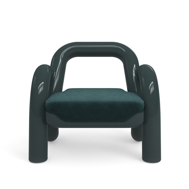 Gaia Accent Chair, shown in dark teal and dark brown with lacquered resin, velvet, and fixed arms.