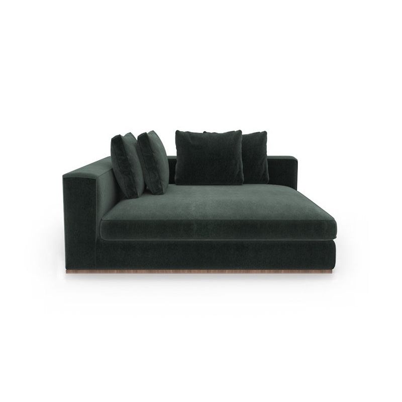 Brunna Corner Chaise, shown in deep forest green and warm ivory beige with upholstery fabric and velvet.