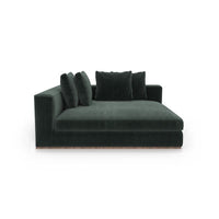 Brunna Corner Chaise, shown in deep forest green and warm ivory beige with upholstery fabric and velvet.