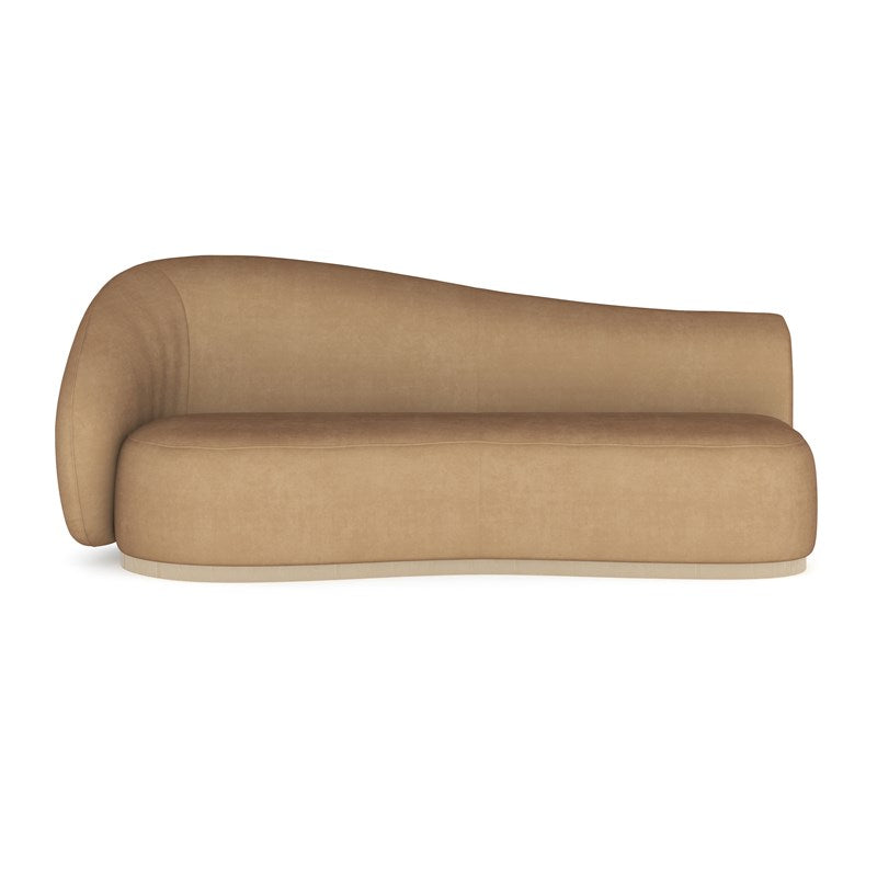 Knox Sofa, shown in camel and tan with fabric upholstery, wood, and a continuous curved seating surface.