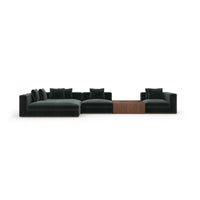 Brunna 4 Piece Sectional, shown in deep forest green and dark emerald with velvet-like fabric and wood.