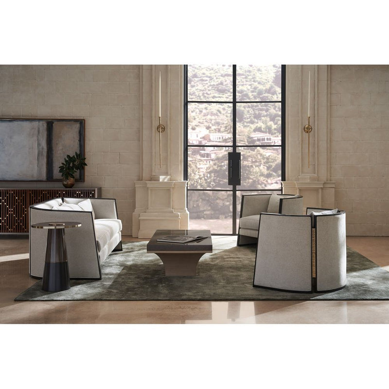 Alternate view of Slice Sofa, featuring brushed metallic accent, upholstery fabric, metal frame, and fixed arms.