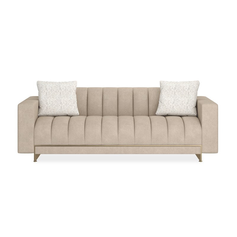 Opus Well Balanced Sofa, shown in beige and taupe with fabric, metal, and fixed box arms.