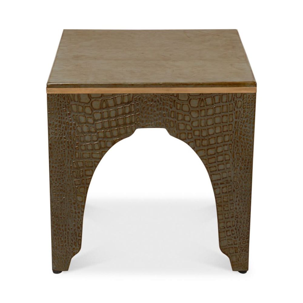 Alternate view of Croco Embossed Leather Stool in olive brown and taupe.