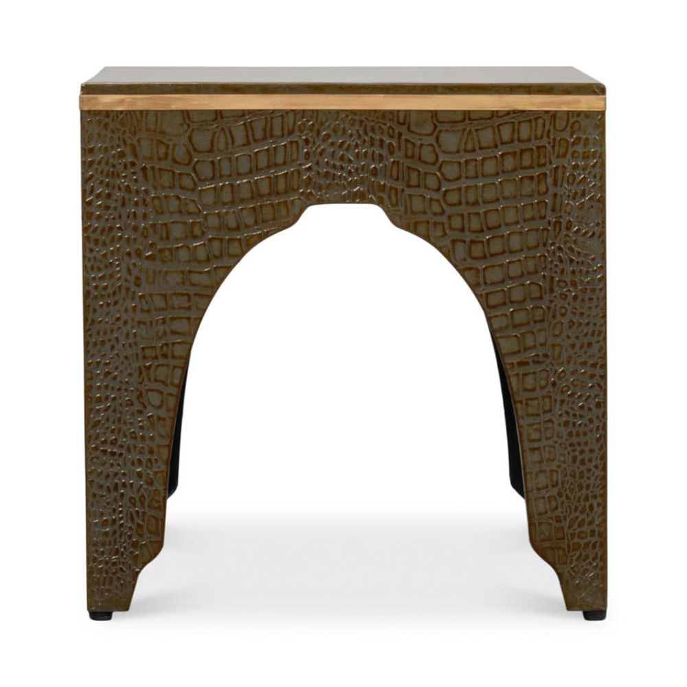 Croco Embossed Leather Stool, shown in olive brown and taupe with embossed leather and wood.